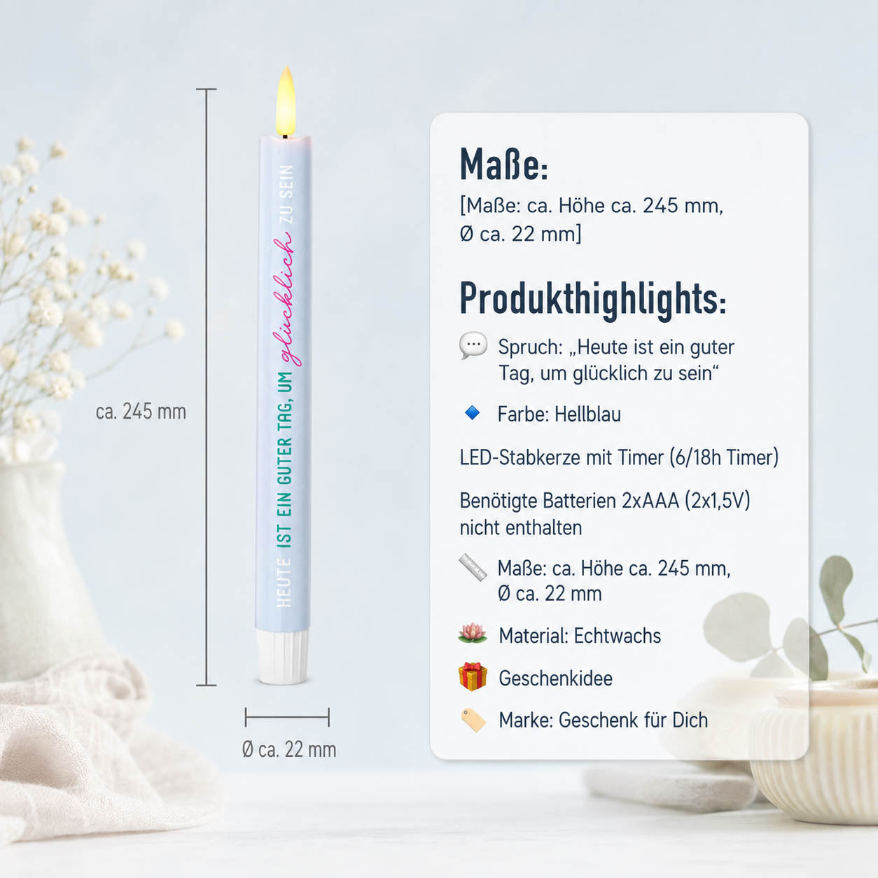 LED-Stabkerze „Heute ist ein guter Tag, um glücklich zu sein" in Blau – Produktansicht