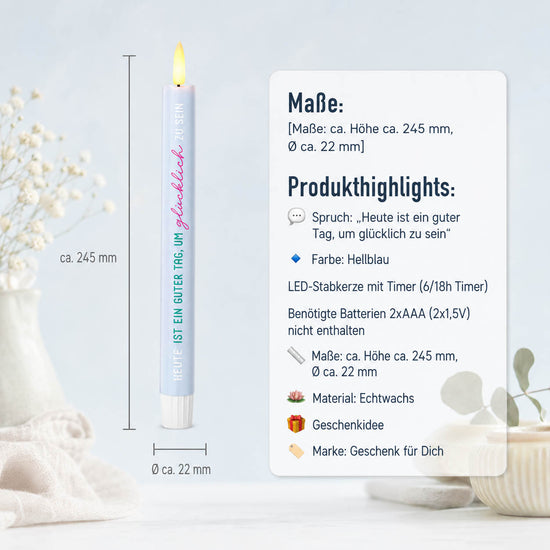 LED-Stabkerze „Heute ist ein guter Tag, um glücklich zu sein" in Blau – Produktansicht