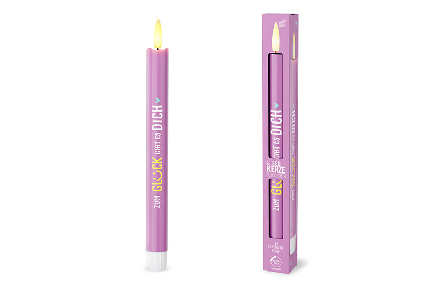 LED-Stabkerze „Zum Glück gibt es Dich" in Violett mit Verpackung – Happy Greetings
