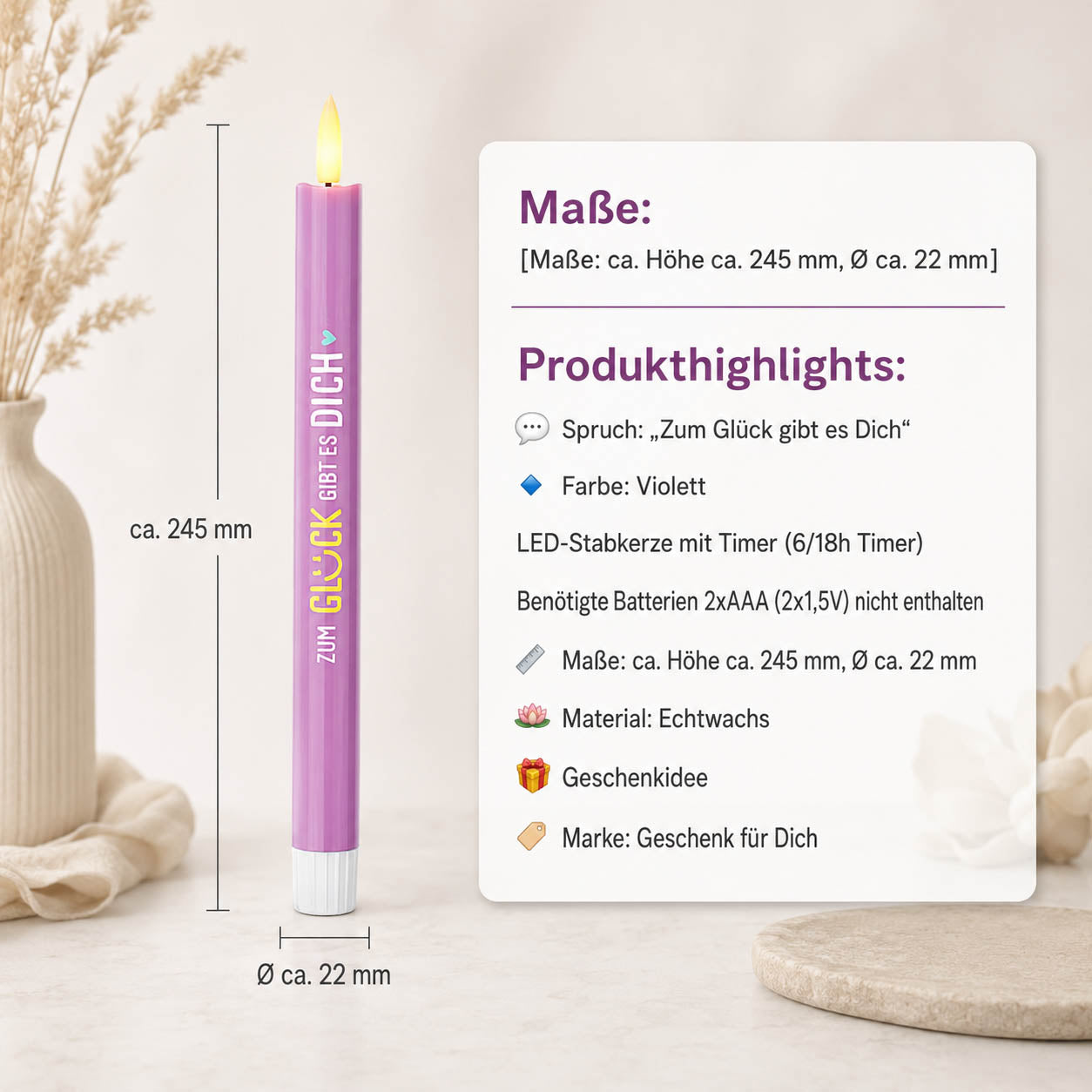 LED-Stabkerze „Zum Glück gibt es Dich" in Violett – Produktansicht