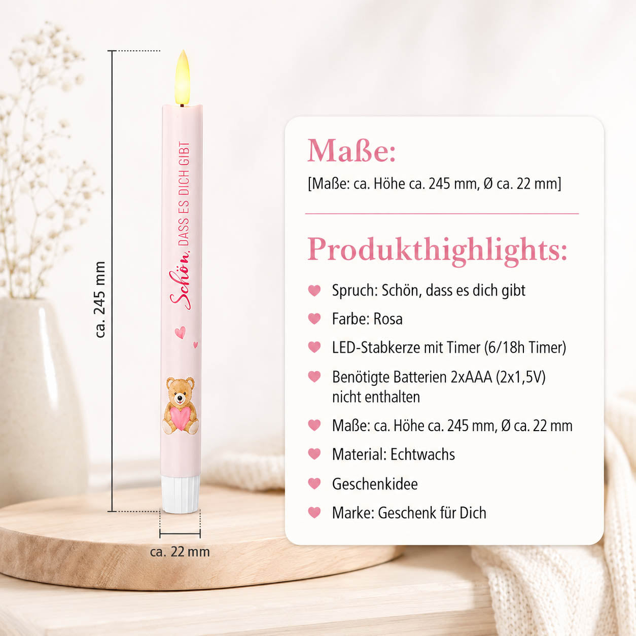 LED-Stabkerze „Schön, dass es Dich gibt" mit Teddy Detailansicht – Liebe Wünsche