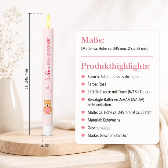 LED-Stabkerze „Schön, dass es Dich gibt" mit Teddy Detailansicht – Liebe Wünsche