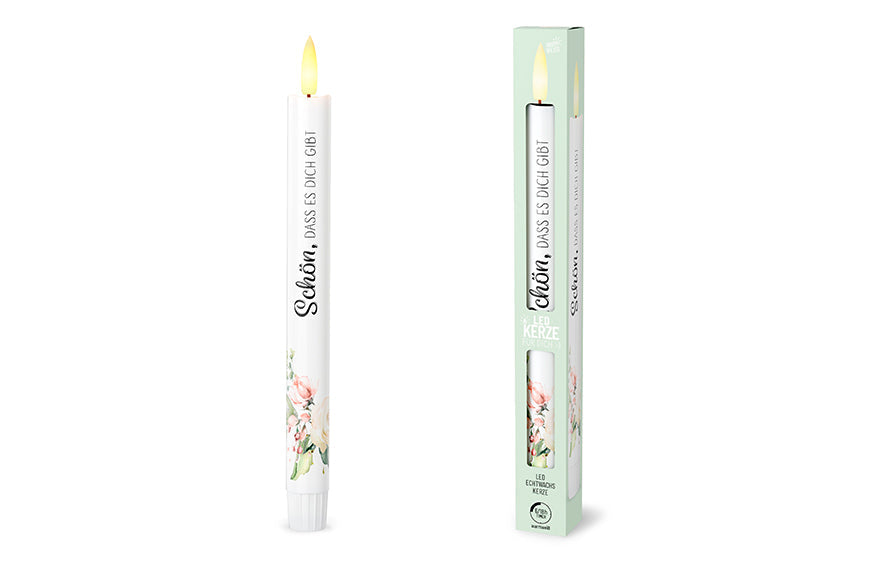 LED-Stabkerze „Schön, dass es Dich gibt" in Weiß mit Blumenmotiv – Lovely Greetings