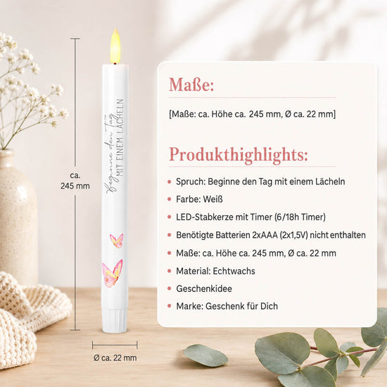 LED-Stabkerze „Beginne den Tag mit einem Lächeln" Detailansicht – Lovely Greetings