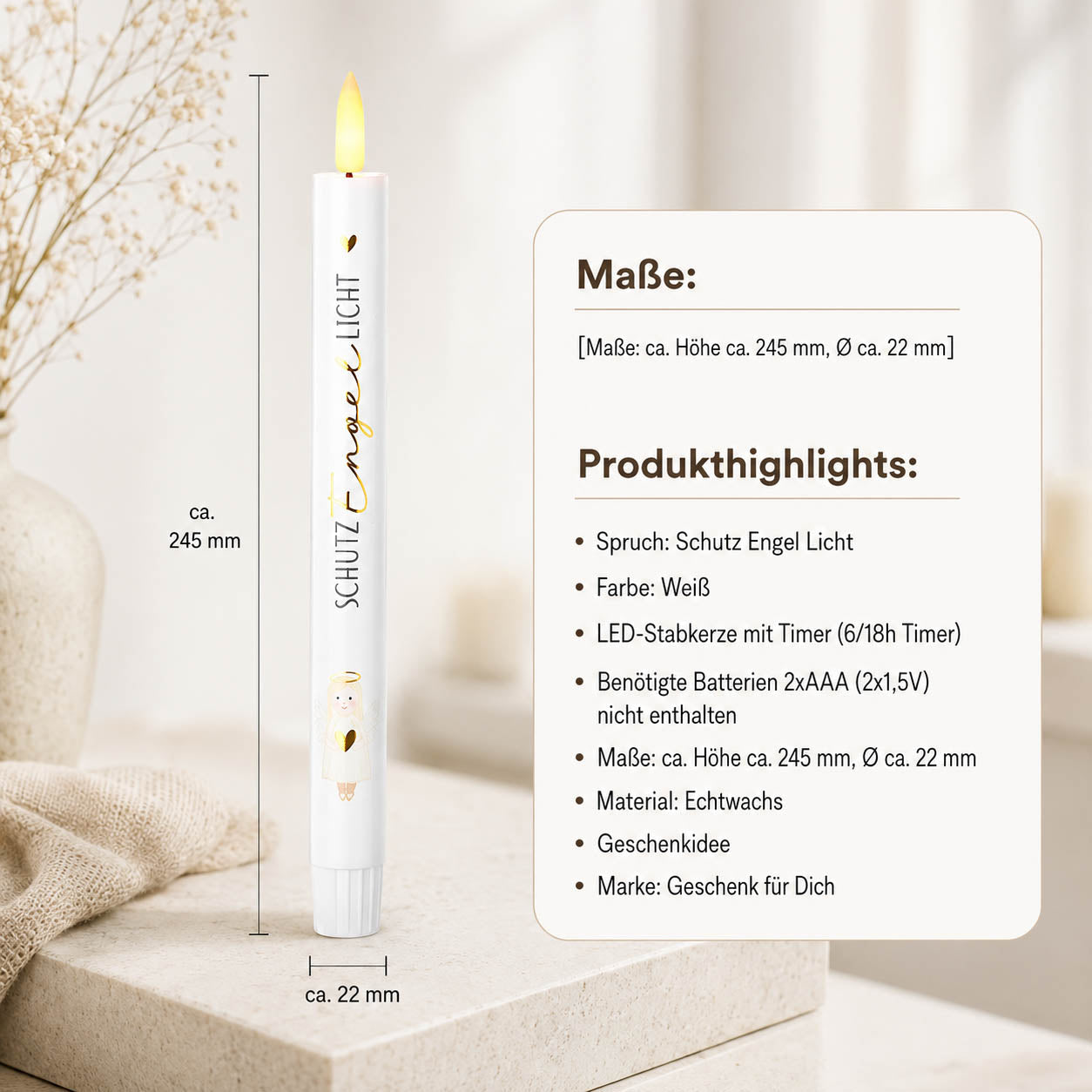 LED-Stabkerze „Schutzengellicht" Detailansicht – Liebe Wünsche
