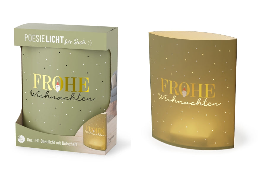 Poesielicht mit Spruch „Frohe Weihnachten“ – salbeigrünes LED-Dekolicht mit Weihnachtsmann, leuchtend