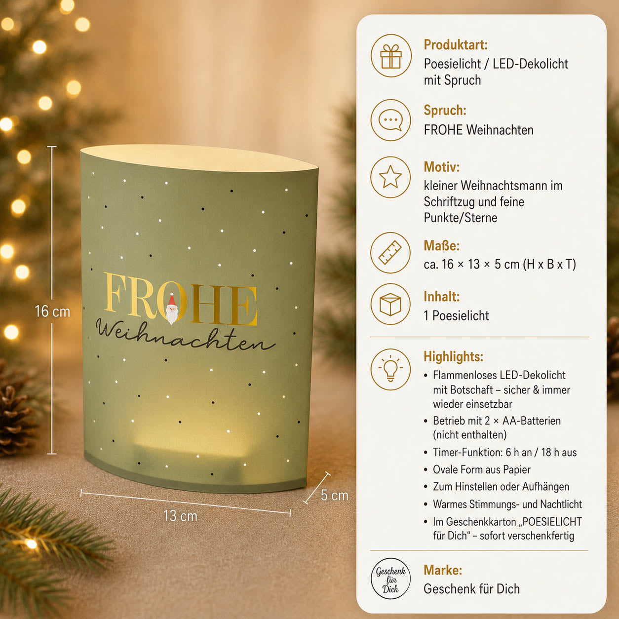 Poesielicht „Frohe Weihnachten“ – Produkt-Highlights: LED, Timer 6/18 h, 2x AA, Maße