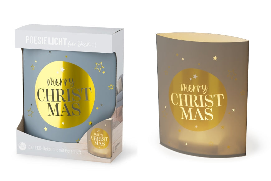Poesielicht mit Spruch „Merry Christmas“ – graues LED-Dekolicht mit goldenem Kreis und Sternen, leuchtend