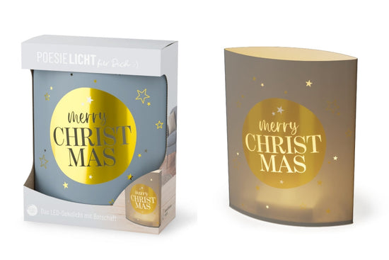Poesielicht mit Spruch „Merry Christmas“ – graues LED-Dekolicht mit goldenem Kreis und Sternen, leuchtend