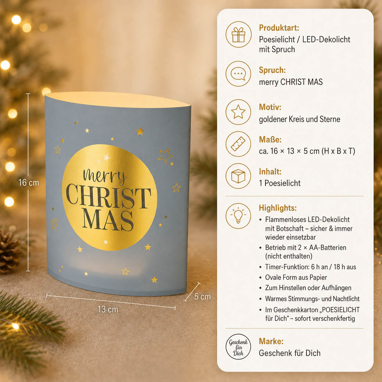 Poesielicht „Merry Christmas“ – Produkt-Highlights: LED, Timer 6/18 h, 2x AA, Maße