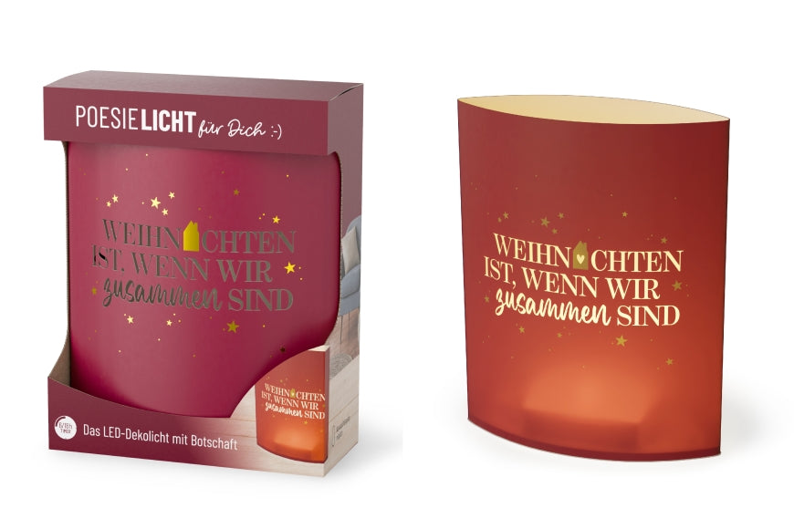 Poesielicht mit Spruch „Weihnachten ist, wenn wir zusammen sind“ – rotes LED-Dekolicht mit goldenen Sternen, leuchtend