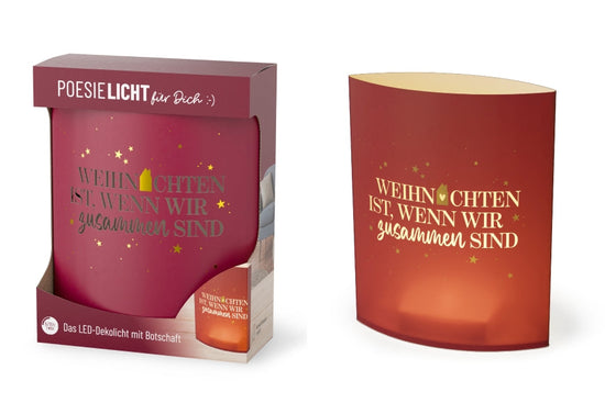 Poesielicht mit Spruch „Weihnachten ist, wenn wir zusammen sind“ – rotes LED-Dekolicht mit goldenen Sternen, leuchtend