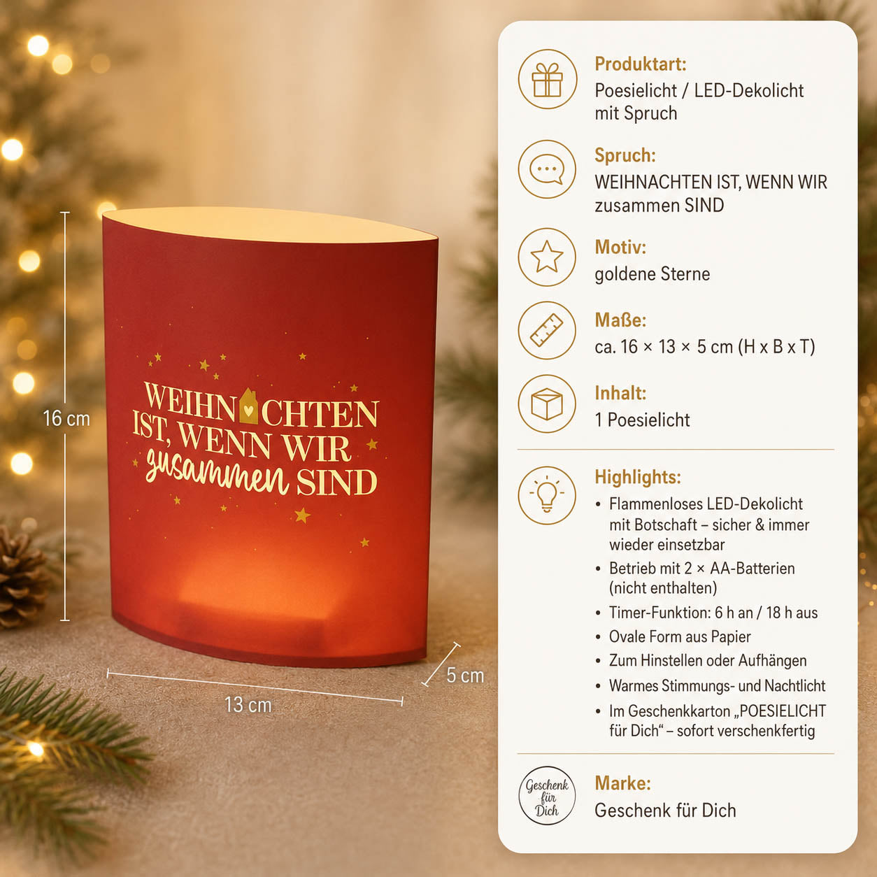 Poesielicht „Weihnachten ist, wenn wir zusammen sind“ – Produkt-Highlights: LED, Timer 6/18 h, 2x AA, Maße