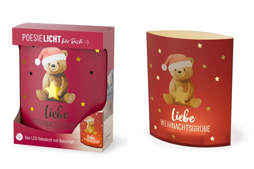 Geschenk für Dich LED-Poesielicht mit Aufschrift „Liebe Weihnachtsgrüße“ mit süßem Weihnachts-Bär-Motiv. 