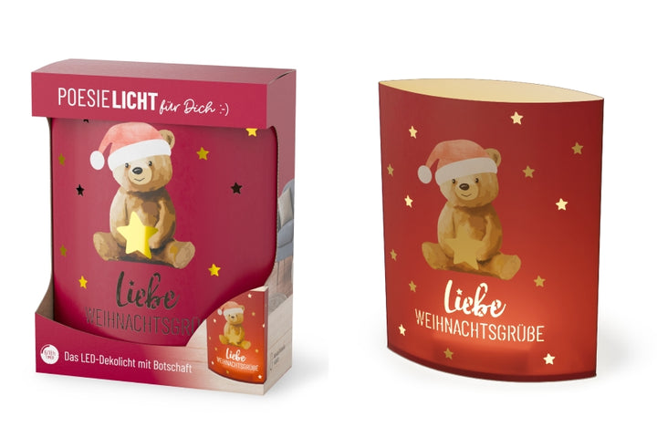 Geschenk für Dich LED-Poesielicht mit Aufschrift „Liebe Weihnachtsgrüße“ mit süßem Weihnachts-Bär-Motiv. 