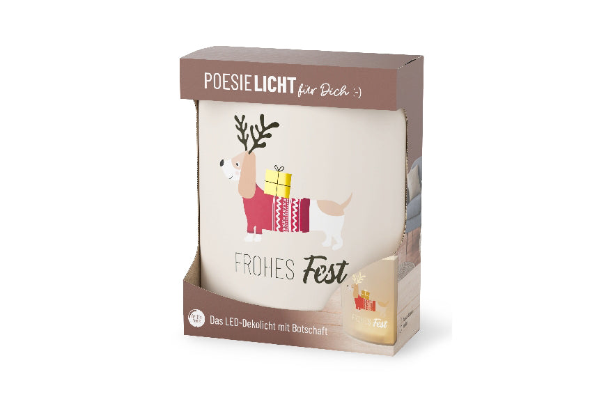 Geschenk für Dich LED-Poesielicht „Frohes Fest“ mit süßem Weihnachts-Dackel-Motiv. 