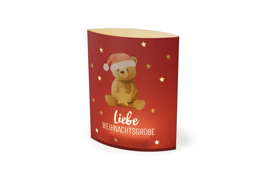 Geschenk für Dich LED-Poesielicht mit Aufschrift „Liebe Weihnachtsgrüße“ mit süßem Weihnachts-Bär-Motiv. 