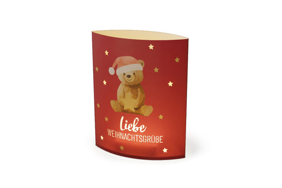 Geschenk für Dich LED-Poesielicht mit Aufschrift „Liebe Weihnachtsgrüße“ mit süßem Weihnachts-Bär-Motiv. 