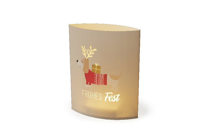 Geschenk für Dich LED-Poesielicht „Frohes Fest“ mit süßem Weihnachts-Dackel-Motiv. 