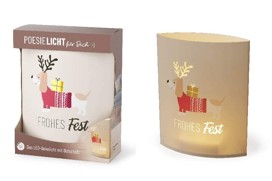 Geschenk für Dich LED-Poesielicht „Frohes Fest“ mit süßem Weihnachts-Dackel-Motiv. 