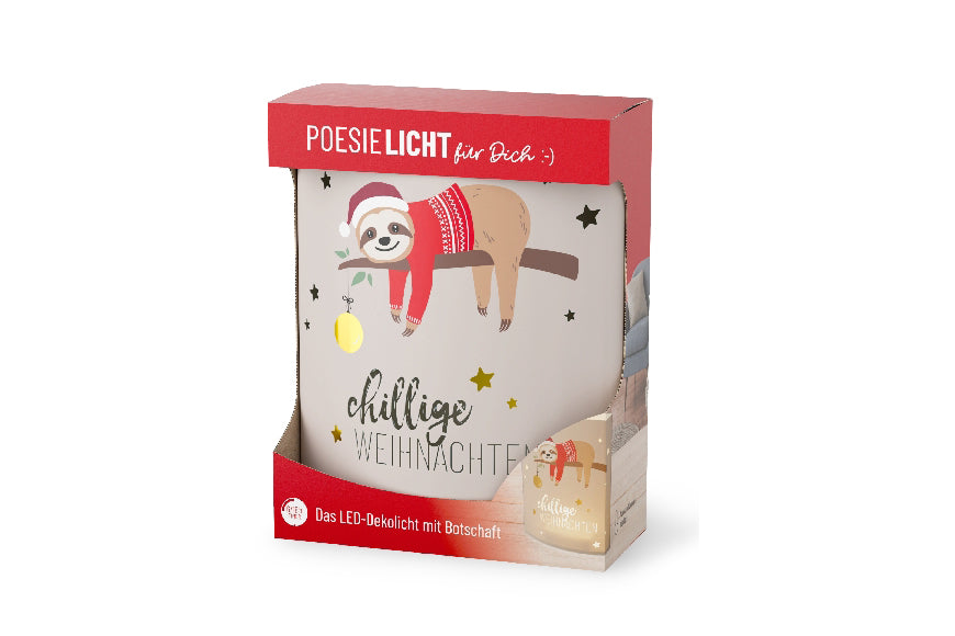 Geschenk für Dich LED-Poesielicht „Chillige Weihnachten“ mit süßem Faultier-Motiv. 