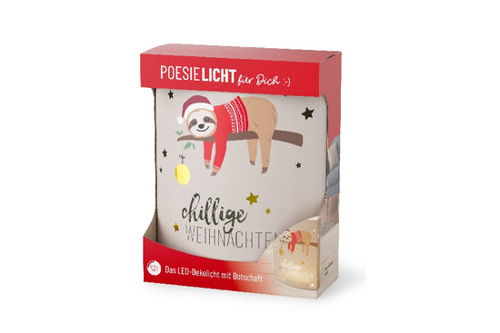 Geschenk für Dich LED-Poesielicht „Chillige Weihnachten“ mit süßem Faultier-Motiv. 