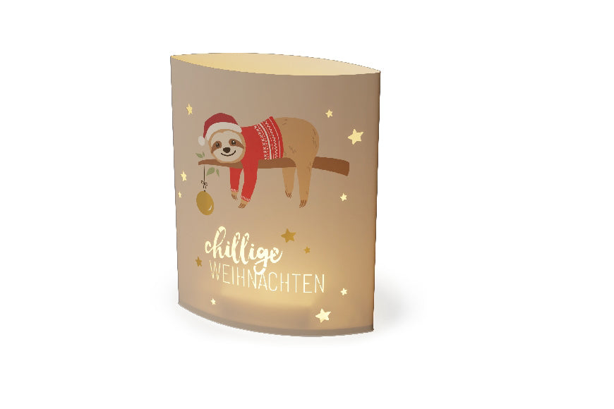 Geschenk für Dich LED-Poesielicht „Chillige Weihnachten“ mit süßem Faultier-Motiv. 