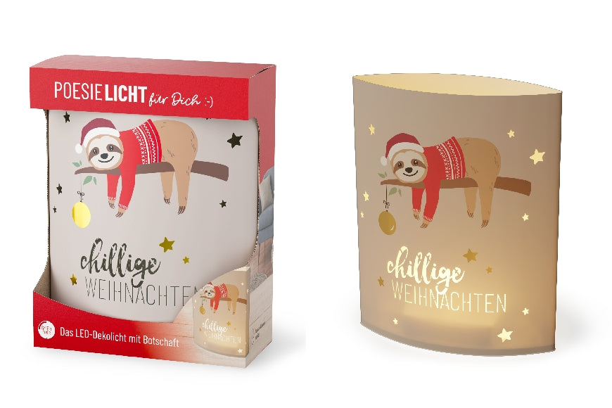 Geschenk für Dich LED-Poesielicht „Chillige Weihnachten“ mit süßem Faultier-Motiv. 