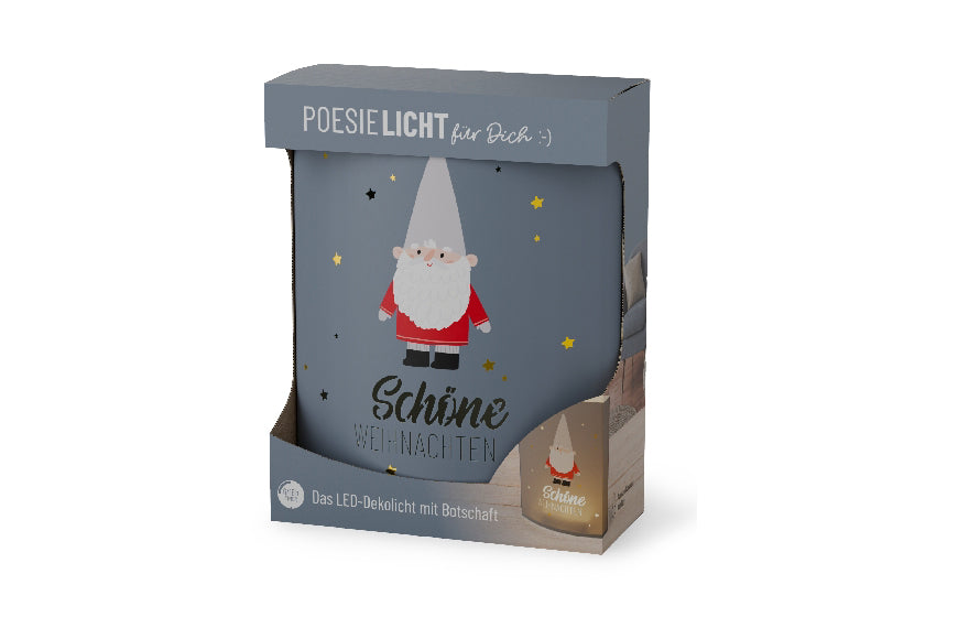 Geschenk für Dich LED-Poesielicht „Schöne Weihnachten“ mit Weihnachts-Zwerg-Motiv.