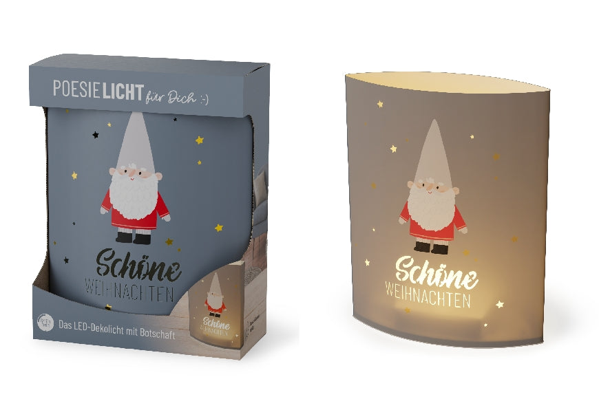 Geschenk für Dich LED-Poesielicht „Schöne Weihnachten“ mit Weihnachts-Zwerg-Motiv.