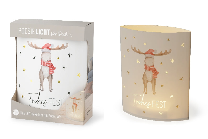 Geschenk für Dich LED-Poesielicht „Frohes Fest“ mit Weihnachts-Elch-Motiv. 