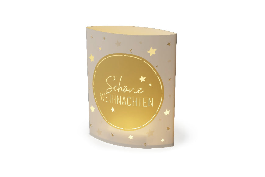 Geschenk für Dich LED-Poesielicht mit Aufschrift „Schöne Weihnachten“ mit edlem Sterne-Motiv in Weiß & Gold. 