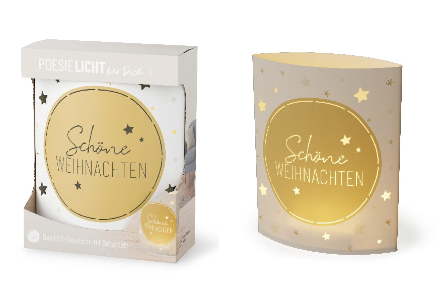 Geschenk für Dich LED-Poesielicht mit Aufschrift „Schöne Weihnachten“ mit edlem Sterne-Motiv in Weiß & Gold. 