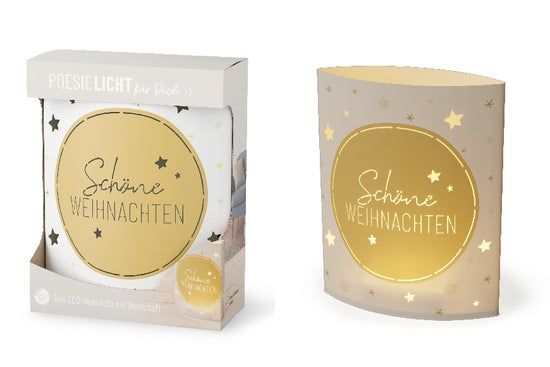 Geschenk für Dich LED-Poesielicht mit Aufschrift „Schöne Weihnachten“ mit edlem Sterne-Motiv in Weiß & Gold. 