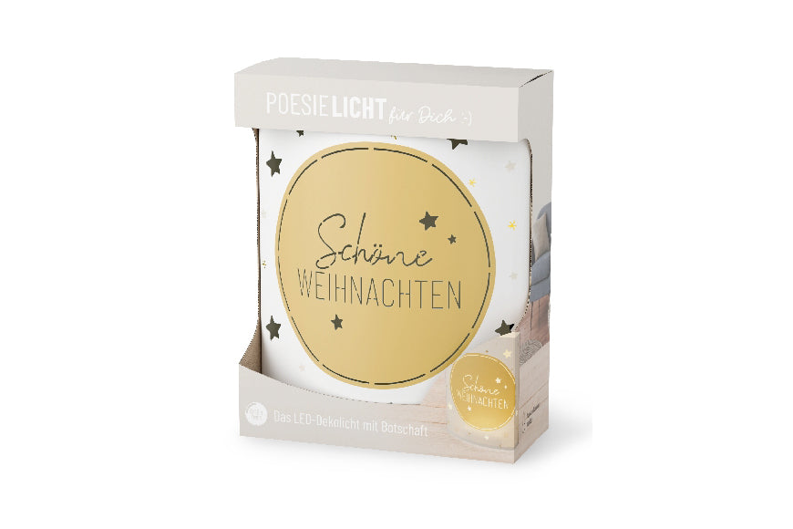 Geschenk für Dich LED-Poesielicht mit Aufschrift „Schöne Weihnachten“ mit edlem Sterne-Motiv in Weiß & Gold. 