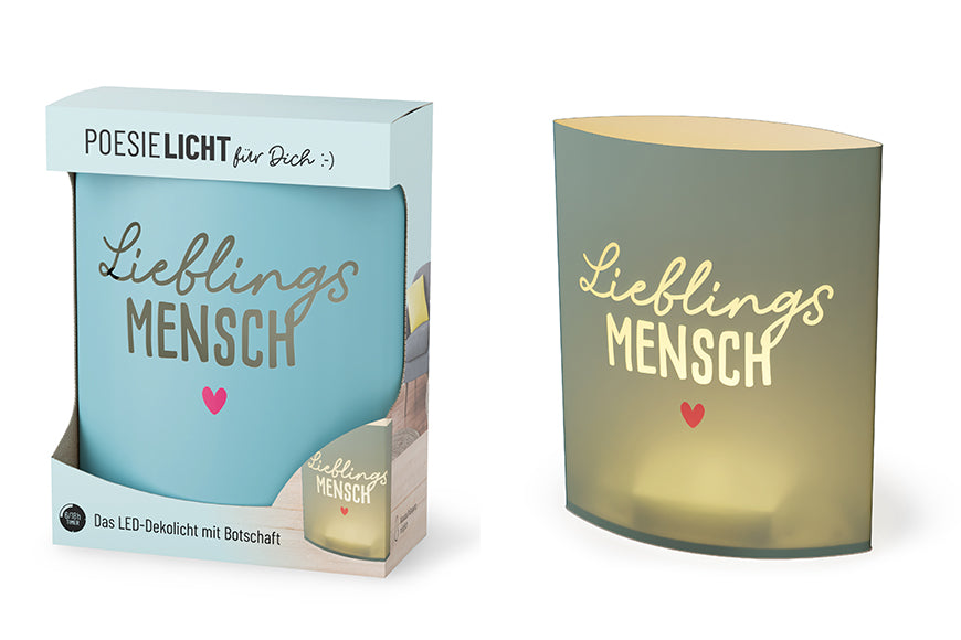 Petrolfarbenes Poesielicht LED-Dekolicht mit Schriftzug Lieblingsmensch und kleinem Herz – Happy Greetings