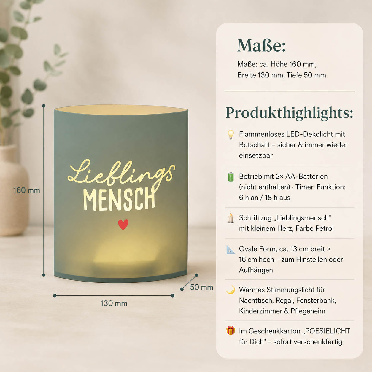 Maße Petrolfarbenes Poesielicht LED-Dekolicht mit Schriftzug Lieblingsmensch und kleinem Herz – Happy Greetings