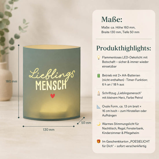 Maße Petrolfarbenes Poesielicht LED-Dekolicht mit Schriftzug Lieblingsmensch und kleinem Herz – Happy Greetings