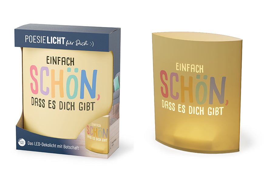 Gelbes Poesielicht LED-Dekolicht mit buntem Schriftzug Einfach schön dass es dich gibt – Happy Greetings
