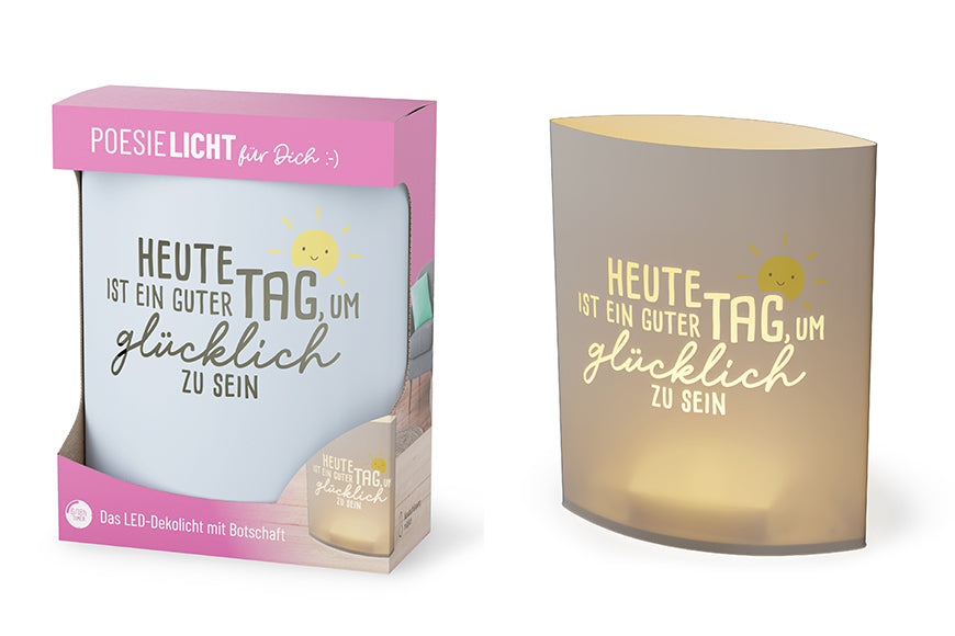 Poesielicht LED-Dekolicht mit lachender Sonne und Spruch Heute ist ein guter Tag um glücklich zu sein – Happy Greetings