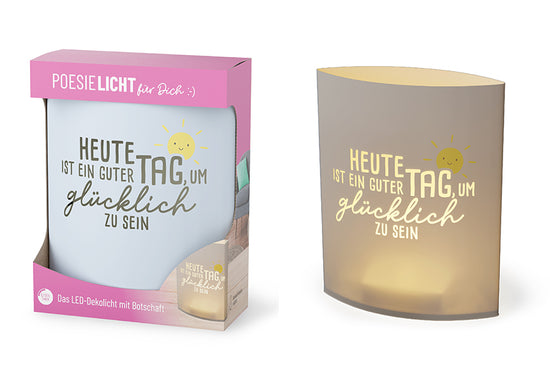 Poesielicht LED-Dekolicht mit lachender Sonne und Spruch Heute ist ein guter Tag um glücklich zu sein – Happy Greetings