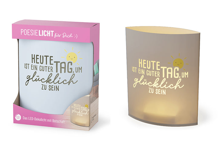Poesielicht LED-Dekolicht mit lachender Sonne und Spruch Heute ist ein guter Tag um glücklich zu sein – Happy Greetings