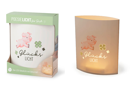 Poesielicht mit Aufschrift „Glückslicht“ und mit Glücksschwein & Kleeblatt Motiv von Geschenk für Dich.