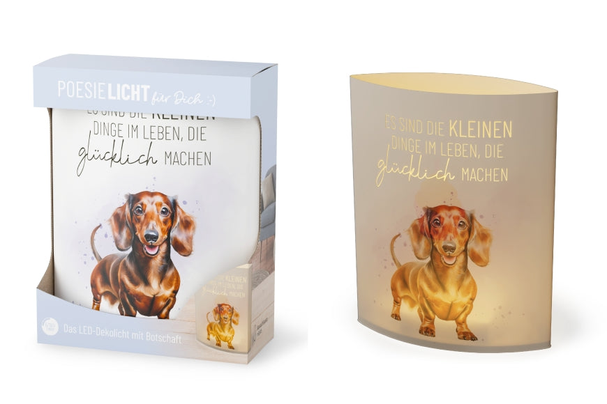 LED-Poesielicht mit Dackel-Motiv und liebevollem Spruch „Es sind die kleinen Dinge im Leben, die glücklich machen“