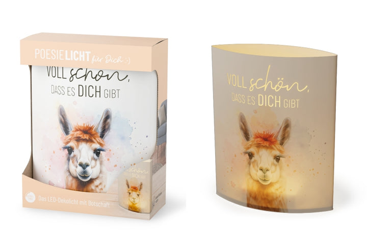 LED-Poesielicht mit Alpaka-Motiv und Spruch „Voll schön, dass es Dich gibt“ von Geschenk für Dich