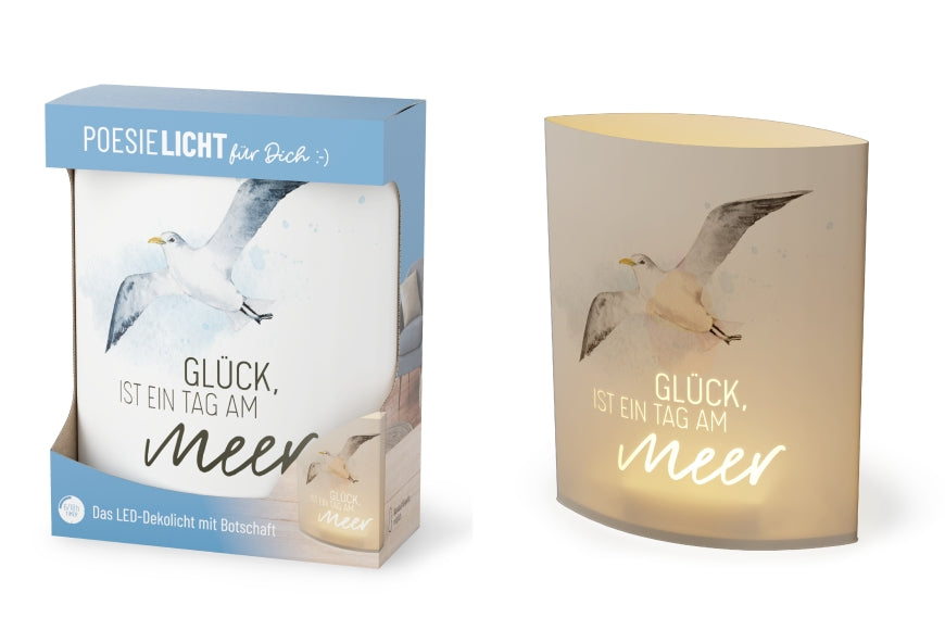 Maritimes LED-Poesielicht mit Möwenmotiv und Spruch „Glück ist ein Tag am Meer“ von Geschenk für Dich