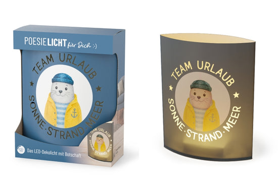 Blaues LED-Poesielicht mit Seehund-Motiv und Spruch „Team Urlaub – Sonne – Strand – Meer“ von Geschenk für Dich