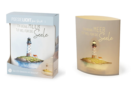 Maritimes LED-Poesielicht mit Leuchtturm-Motiv und Spruch „Ein wenig Meer tut viel für die Seele“ von Geschenk für Dich