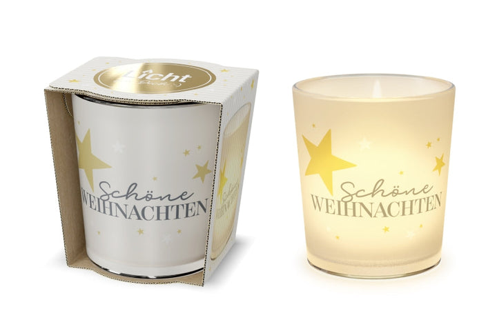 Windlicht mit Spruch »Schöne Weihnachten« – Glas mit goldenen Sternen, leuchtend, im Geschenkkarton