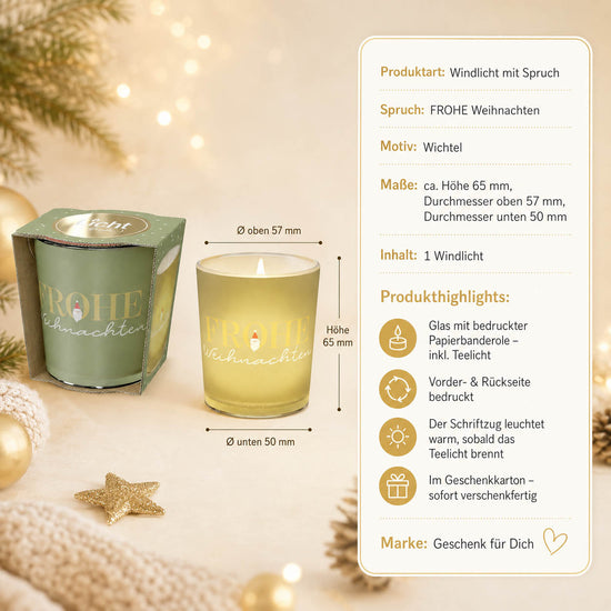 Windlicht mit Spruch »Frohe Weihnachten« – Produkt-Highlights, Maße, inkl. Teelicht